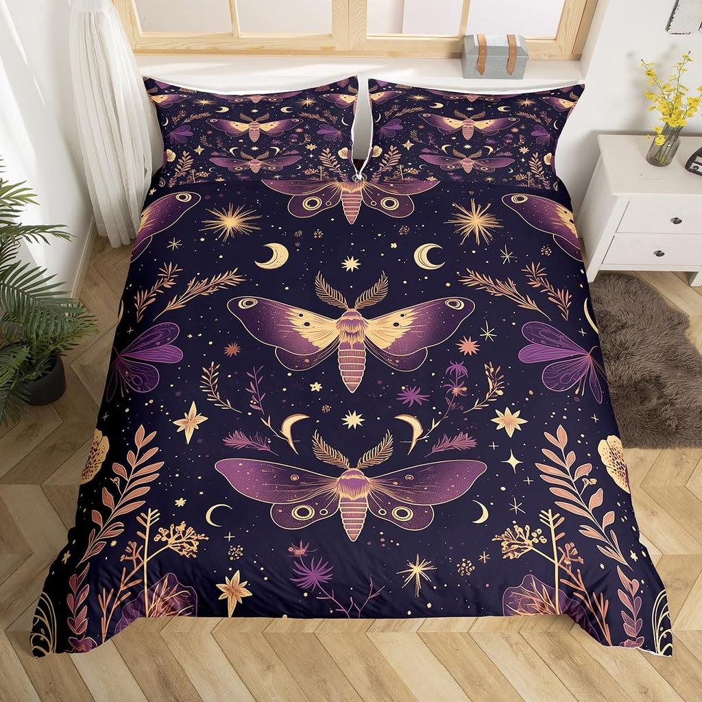 Gothic Moth Duvet Cover Set Queen Twin SizeDreamy Butterfly Animal Rustic Leaves Bedding SetExotic Starry Moon Sky Quilt Cover