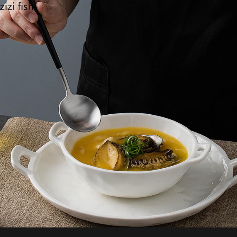 Double Ear Ceramic Soup Plate Fruit Dish Salad Bowl Dining Plates Sashimi Plate Serving Plates Sushi Dish Dessert Bowl Tray