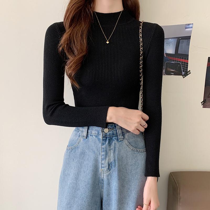 Women Spring Autumn Winter Half High Collar Pullovers Sweaters Jumper Primer Shirt Full Sleeve Short Slim-fit Tight Bottoming Knit Chic Solid One Size