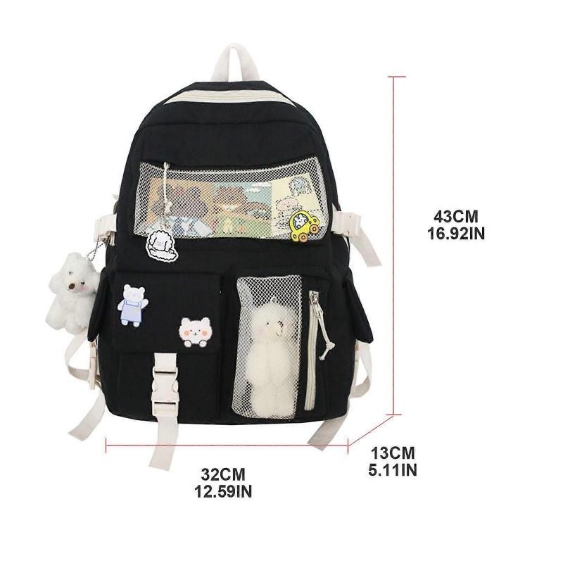 Japanese Style Cartoon Schoolbag Double Shoulder Bag with Zippers and Pockets  White