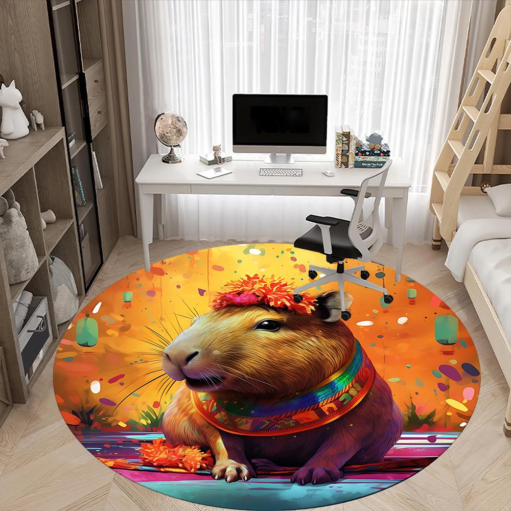1pc Capybara Festival Office Round Rug, Carpet for Office, Gaming, Lightweight Round Floor Mat yy260205082
