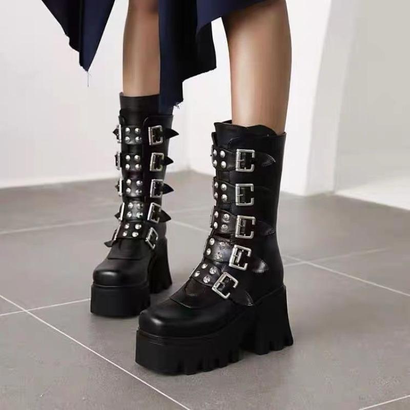 Fashion Women's Gothic Boots Punk Style Motorcycle Boot Luxury Mid-calf Leather Booties High-heel Platform Boots Halloween Cosplay Boots