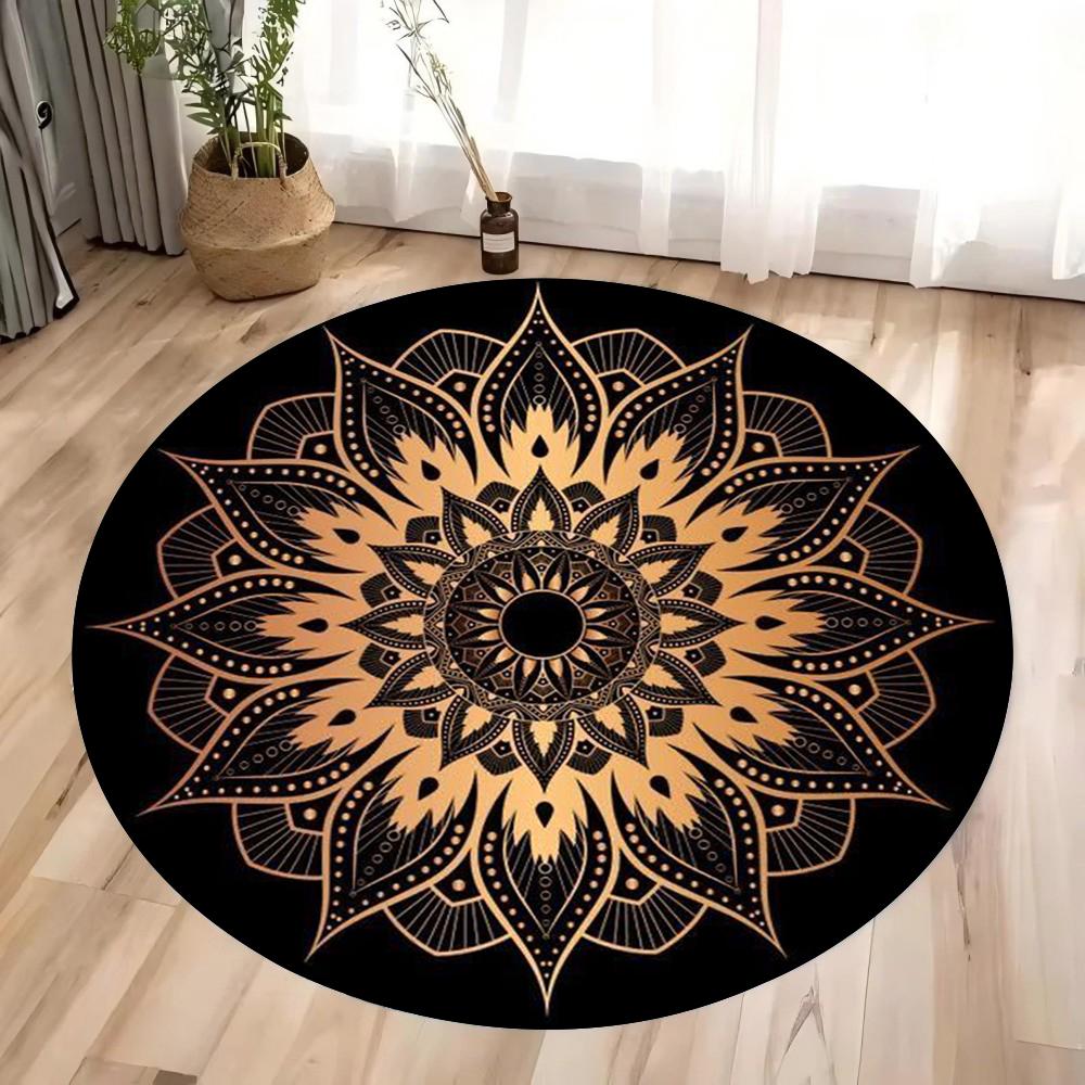 Mandala Round Rug Geometric Floor Carpet Art Deco Circle Mat Traditional Anti Slip Mat Black Area Rugs for Living Room