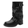 Fashion 2025 Autumn New Thick Heel Riding Women's Boots Pleated Buckle Knight Mid Calf Boots Fashion Casual Cool Girls Boots Zapatos