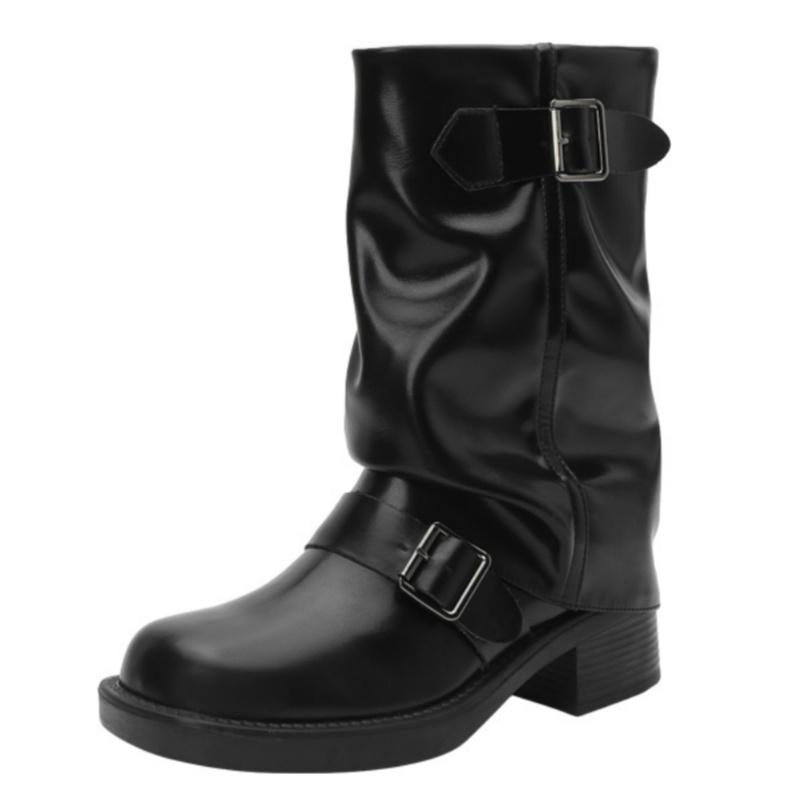 Fashion 2025 Autumn New Thick Heel Riding Women's Boots Pleated Buckle Knight Mid Calf Boots Fashion Casual Cool Girls Boots Zapatos