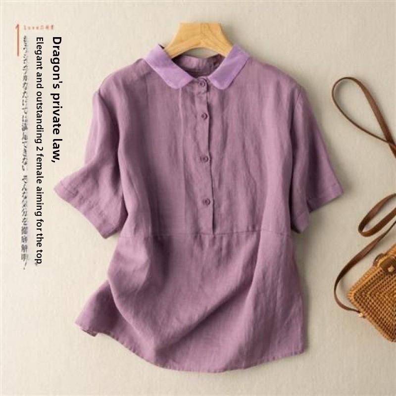 Solid Color Short-Sleeve Pullover Linen Shirt for Women, Vintage Hong Kong Style Cotton-Linen Blouse, 2026 Spring/Summer New Arrival