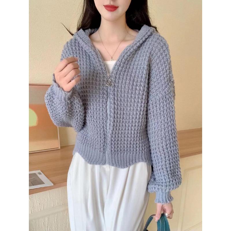 Autumn Winter New Zipper Knitted Hooded Sweater Jacket Korean Retro Cardigan Women Coats Casual Slim Fit Knitwear Jackets Simple Elegant Solid Top
