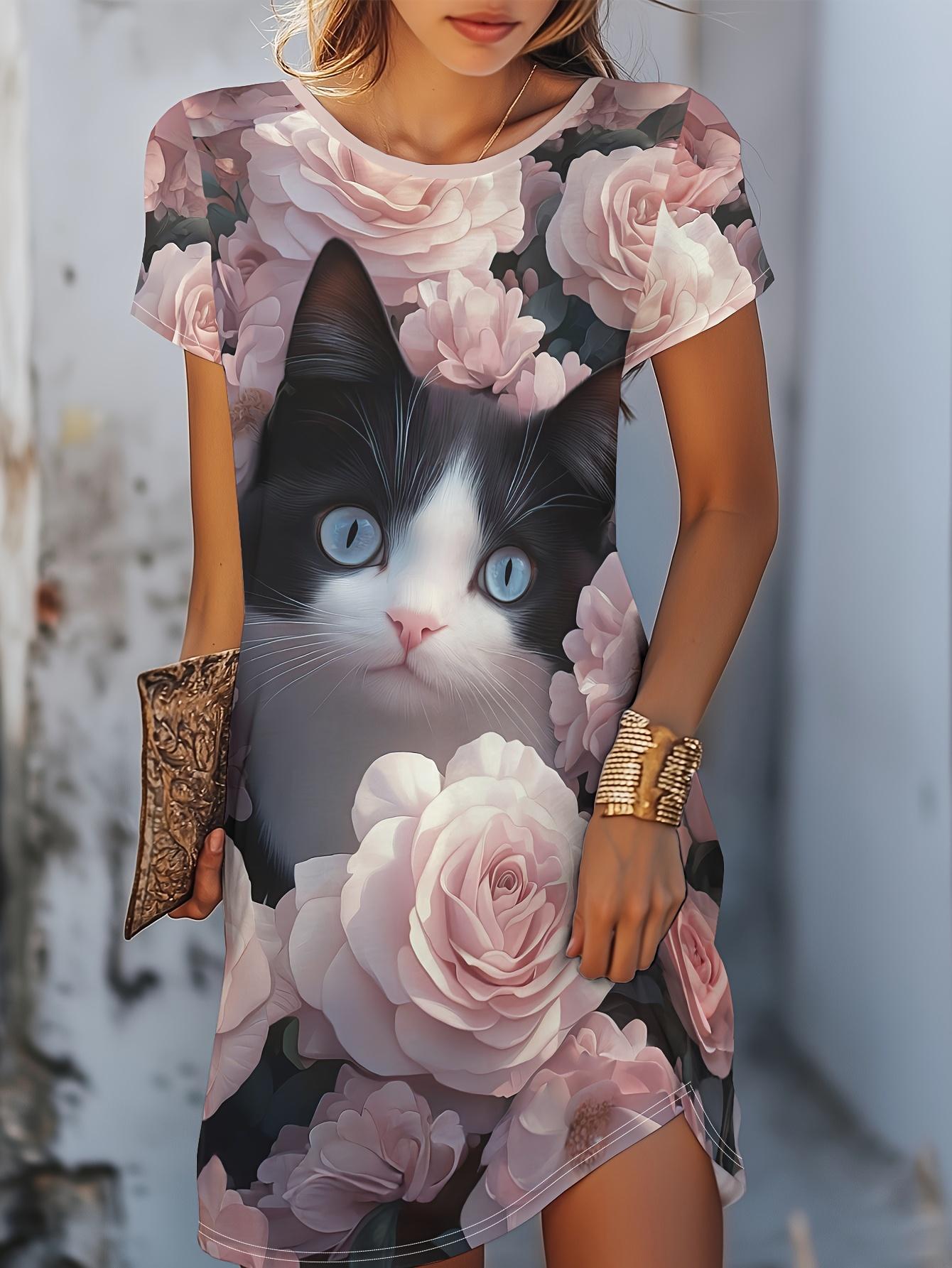 

Summer Elegant Casual Women S Clothing with 3D Prints Featuring Delicate Flowers And Cat Patterns. Round Neck Short-Sleeve Dress. Perfect for Casual V L дубильная кора