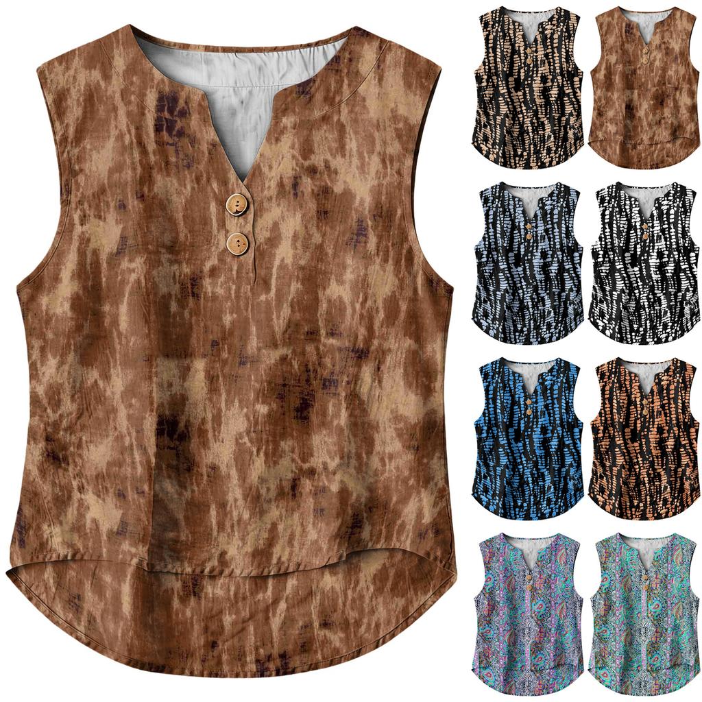 Women's Casual, Loose-Fitting, Printed, Sleeveless Linen Blouse