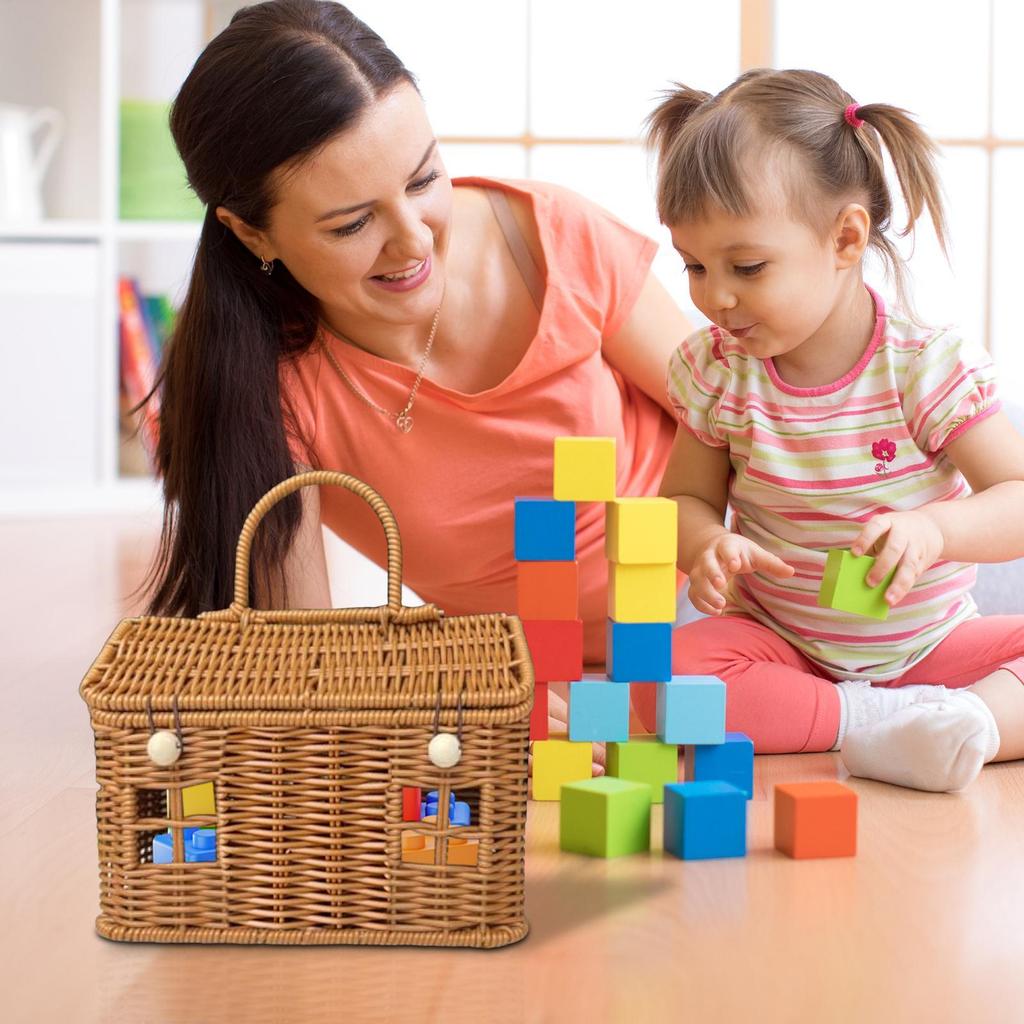 Rattan Storage Basket Rustic Home Decor Portable Rattan Baskets with Lid for Organizing for Toy Toiletries Snack Fabric Camping