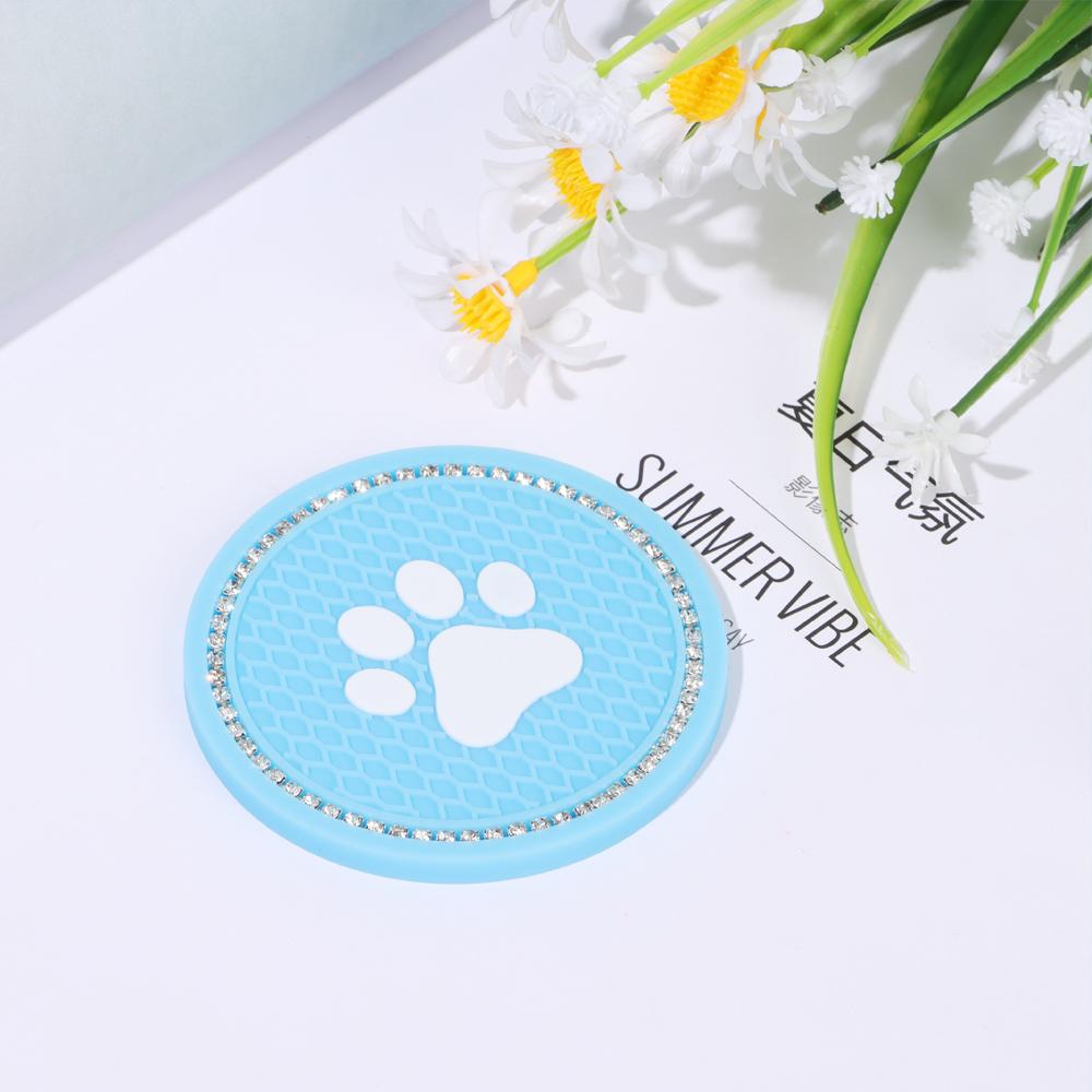 7CM Round Cup Holder Dog Paw Pattern Rhinestone Soft Silicone Anti Slip Mats Bling Crystal Car Coasters Interior Accessories