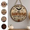 Vintage Style Seasonal Sign My Haunted Place Halloween Door Sign, Rustic Metal Entryway Decor Hanging Festive Decoration for Front Indoor Cemetery
