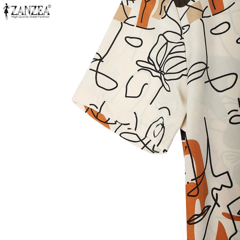 ZANZEA Women Casual V-Neck Short Sleeve Loose Print Dress