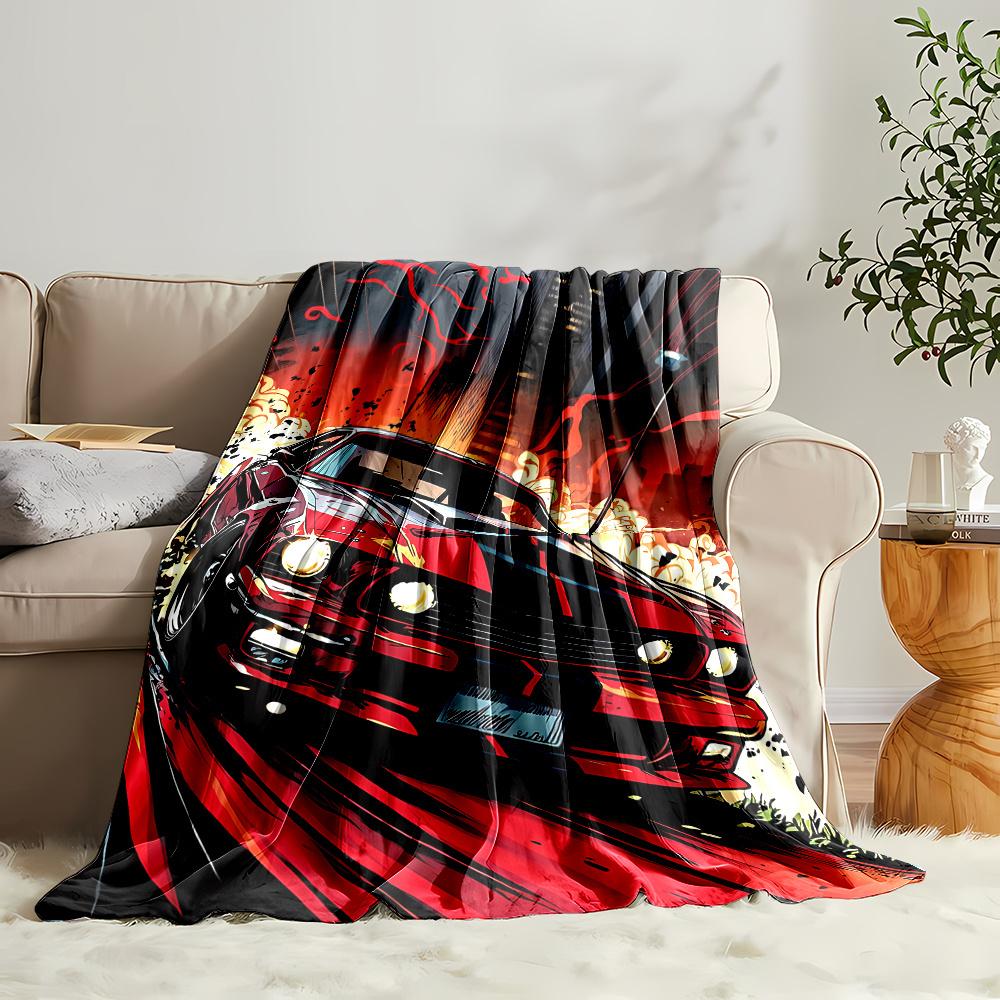 Red Sports Car & City Print Flannel Blanket – Cartoon Theme, All-Season Cozy Throw – Perfect Gift for Home & Office