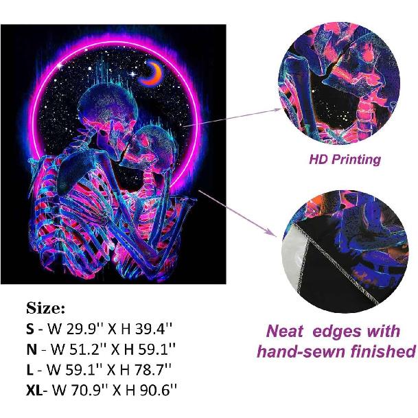 TUGCAY Blacklight Skull Tapestry Glow in the Dark Tapestry Kissing Lovers Tapestries Skeleton Neon Trippy Moon Stars Vertical Posters Wall Hanging