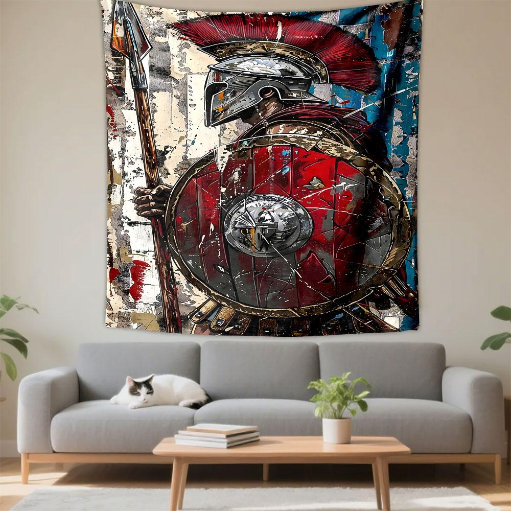 Roman Centurion Warrior Wall Tapestry Red Plume Helmet Spear Shield Graffiti Collage Art Decor for Man Cave Bedroom Gift
