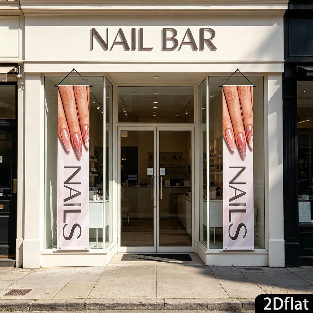 2D Flat, 2pcs Nail Salon Banner with Hanging Rod & Rope - No Drill Installation Suitable for Nail Studio Decor, Nail Art Themed Entrance Decoration, I