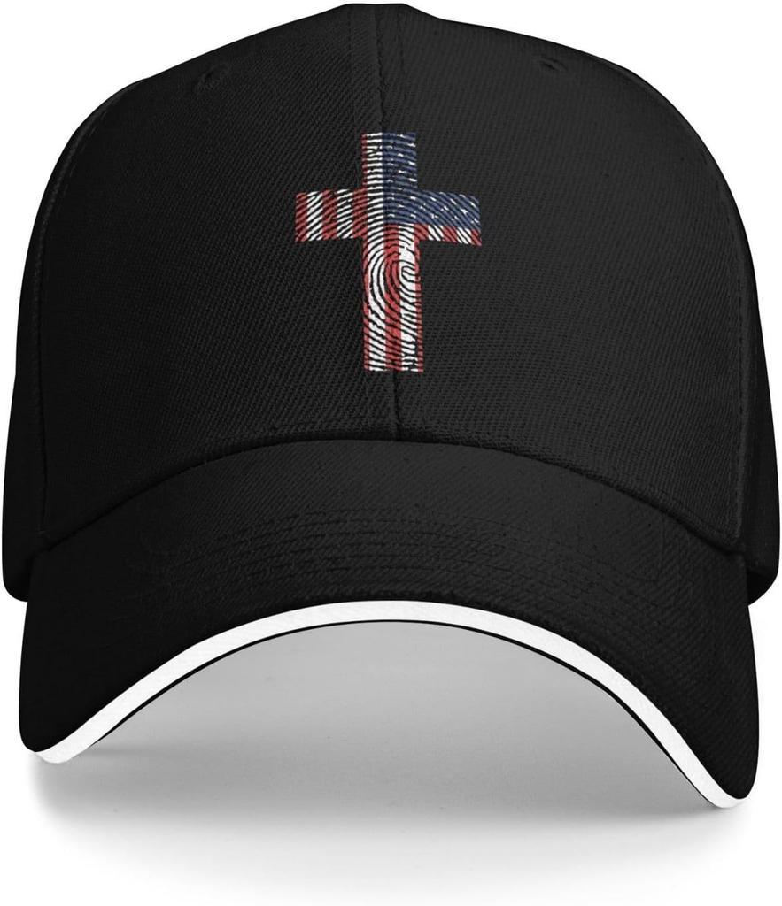 American Flag Fingerprint Cross Baseball Cap Polyester Adjustable Snapback Outdoor Cap for Men Women