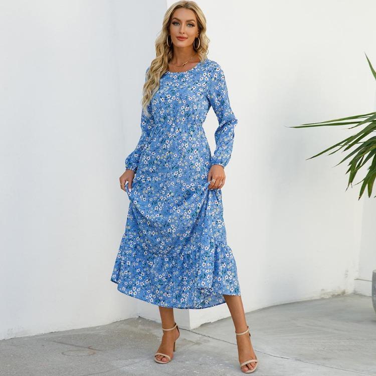 Damen Böhmisches Langes Maxi-Kleid Muslimisch Lässig Sommer Frühling Einfarbig Lange Ärmel Rundhals Weibliche Kleider Dropshipping