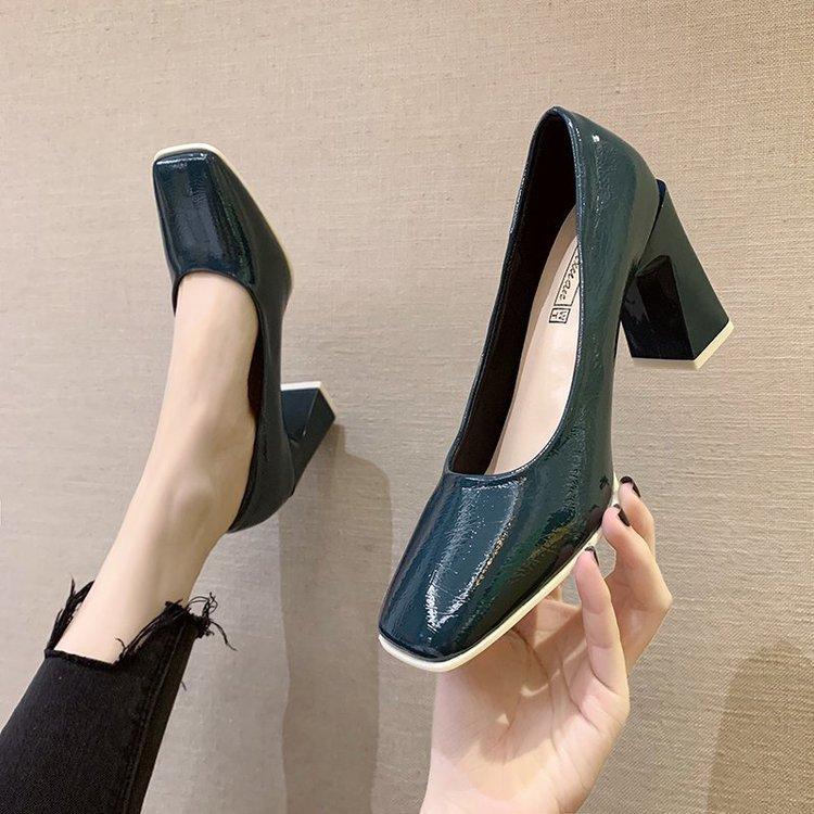 Summer square head single shoes female celebrity patent leather high heels thick heel pedicure shallow mouth foot cover professional shoes