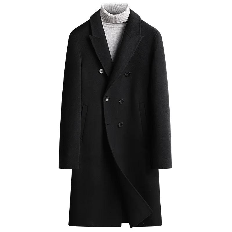 Trench in Lana Double Face da Uomo, Capospalla in Lana Nero, Cappotto Lungo, Doppiopetto, Spesso Nero, Autunno, Inverno