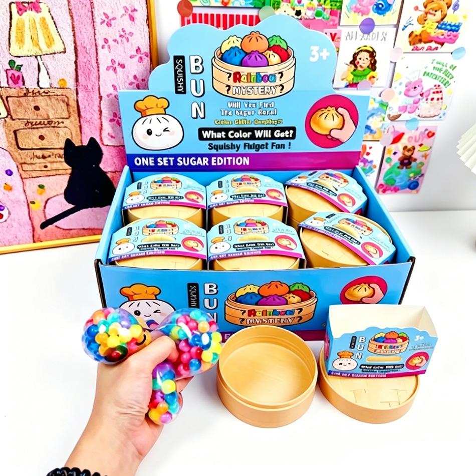 Hot Rainbow Dumpling Squishy with Bead Sensory Squeeze Toys for Stress Relief with Bamboo Steamer Funny Kawaii Toy Gifts