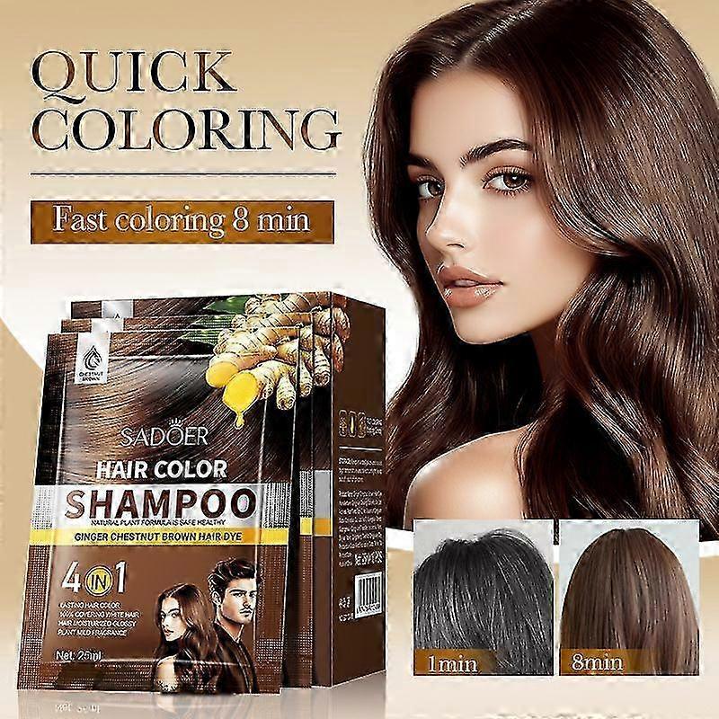 Shampoo Colorante per Capelli Grigi - Shampoo Colorante Naturale Zenzero Castano Chiaro per Colore a Lunga Durata in Minuti, 25ml x 10pz, Formato da Viaggio