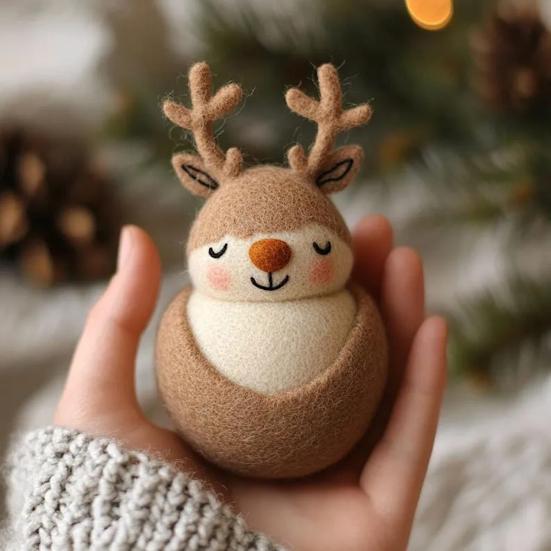 Soft Wool Felt Reindeer Ornament Embroidered Eyes Cheerful Pompon Nose Deer Christmas Handmade Doll Holiday Decor