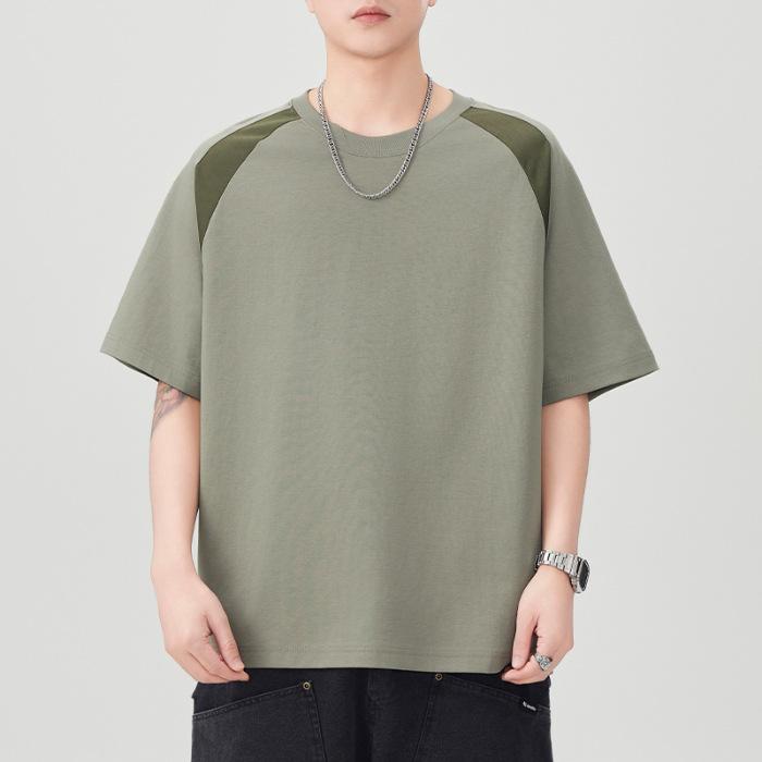 New Summer Round Neck Splicing Color-blocking Short-sleeved T-shirt for Men's Loose Japanese Five-point Sleeve T-shirt for Men
