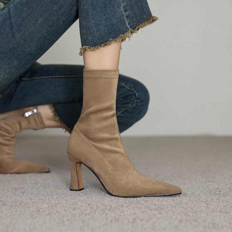 Autumn and winter stretch Martin boots solid color suede super high heel women's leather boots new round head versatile stiletto mid boots