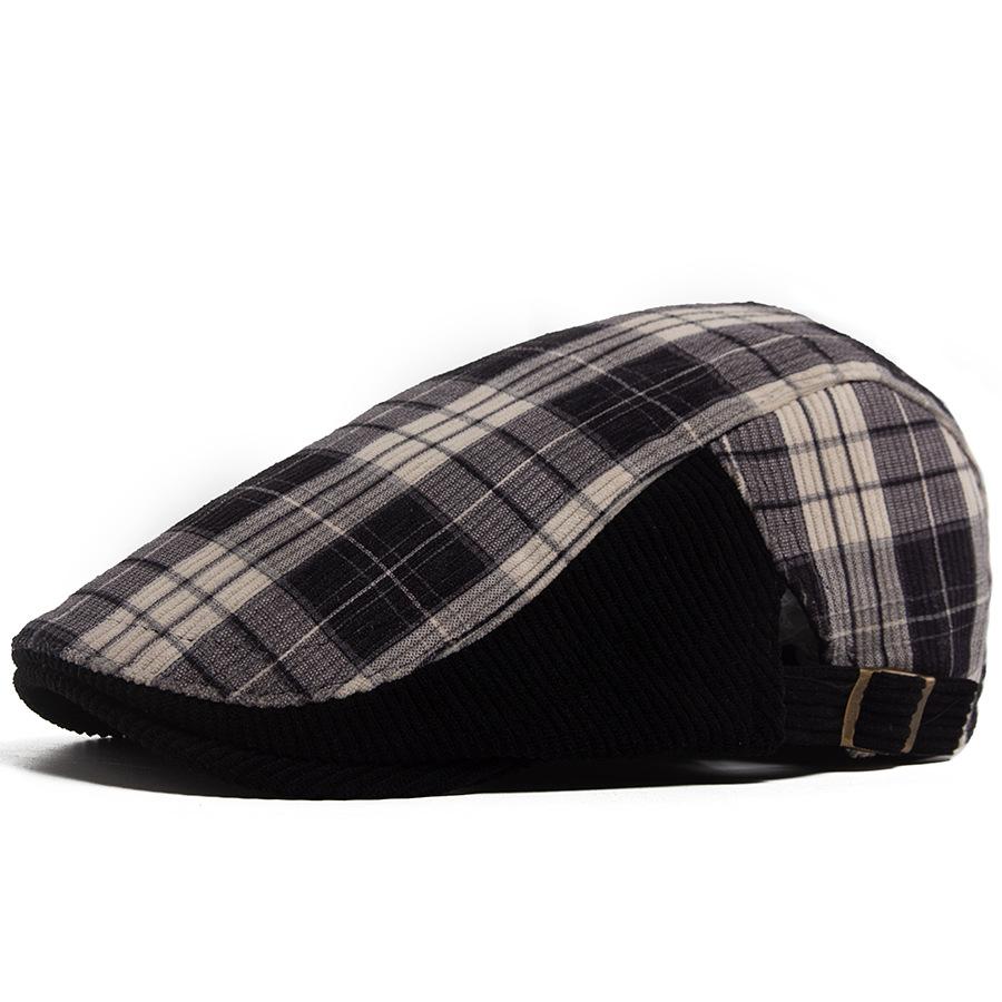 Plaid corduroy retro forward hat men s casual beret women British painter cap autumn and winter Adjustable