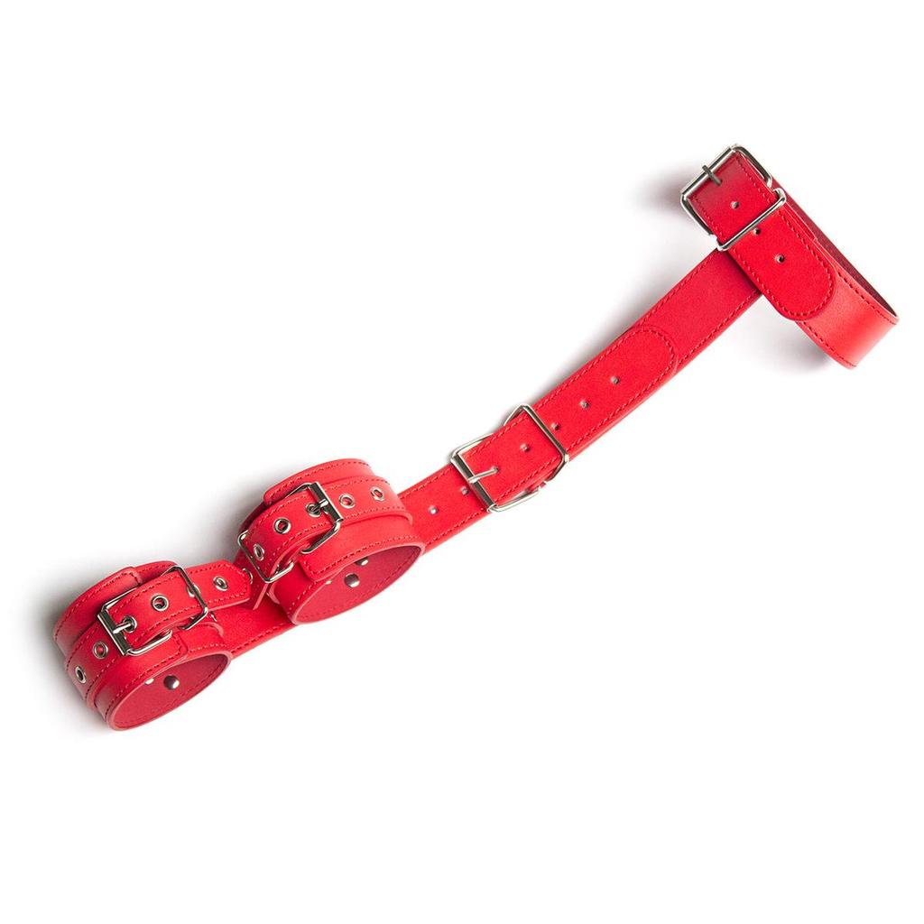 Leather Restraints & Cuffs Set: Hands Behind Back, Wrist Cuffs, Kinky Neck Collar