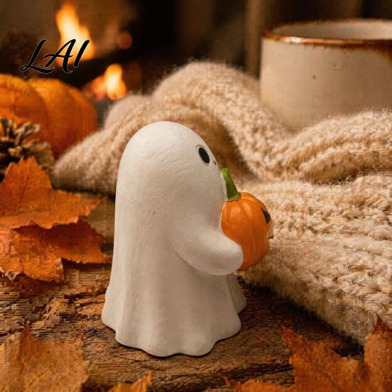 Halloween Desktop Decoration Ghost Pumpkin Ornaments Resin Smiling Decorations for Home Decorative Window Sill Figurine Office Party Decor,