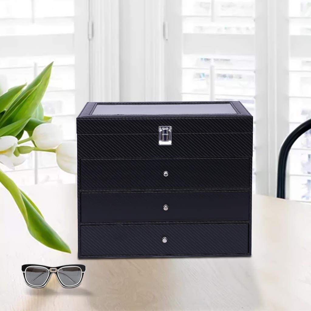 Large Capacity Sunglasses Box – 4-Tier Glasses Storage Organizer with 24 Compartments and Full Pull-out Drawers