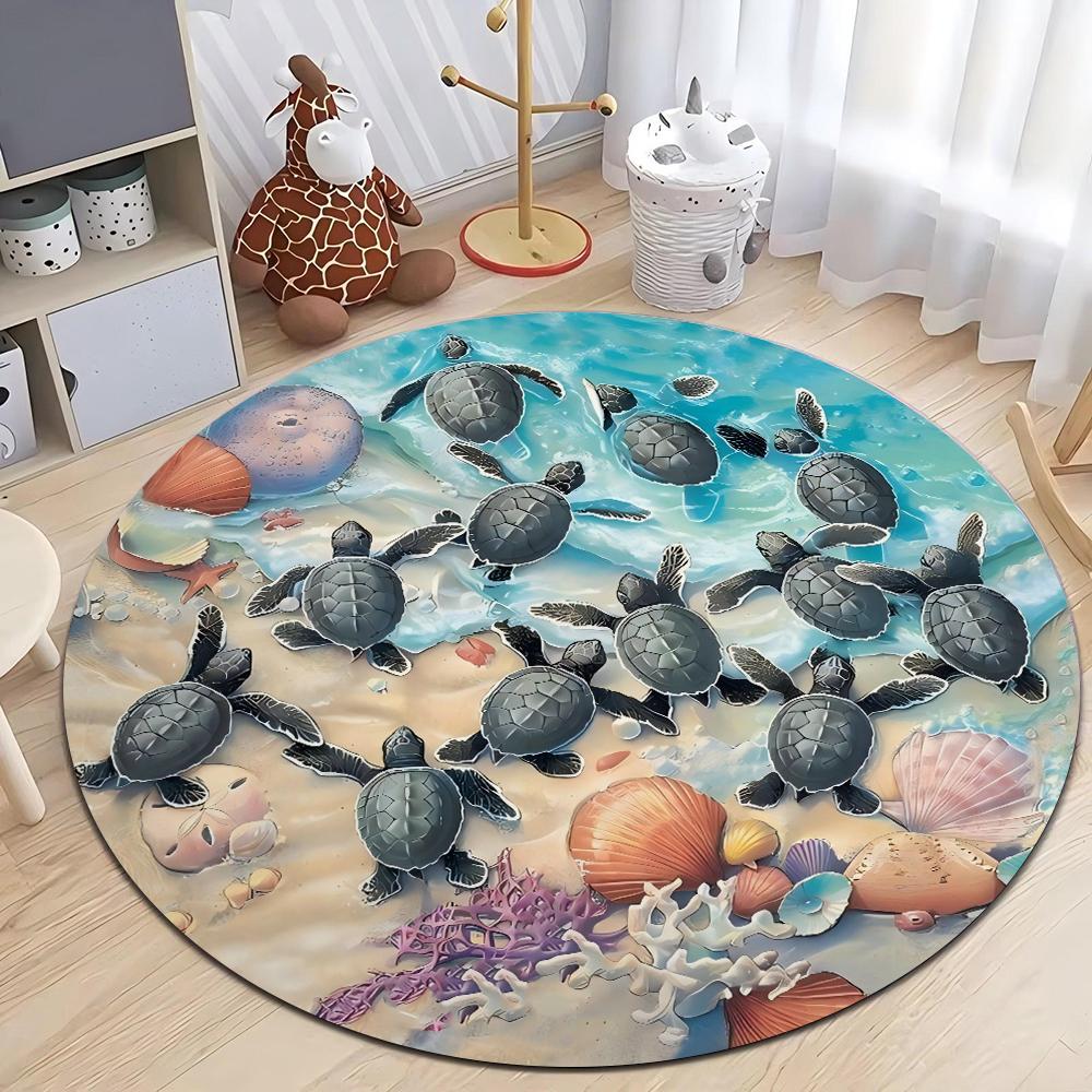 Coastal Nautical Beach Art Print Round Rug Floor Carpet Anti Slip Showing Multiple Sea Turtles Coral for Bedroom Interior Decor