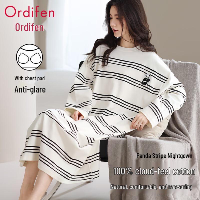 Audifen Women s 100% Cotton Long-Sleeve Striped Nightdress 2XL