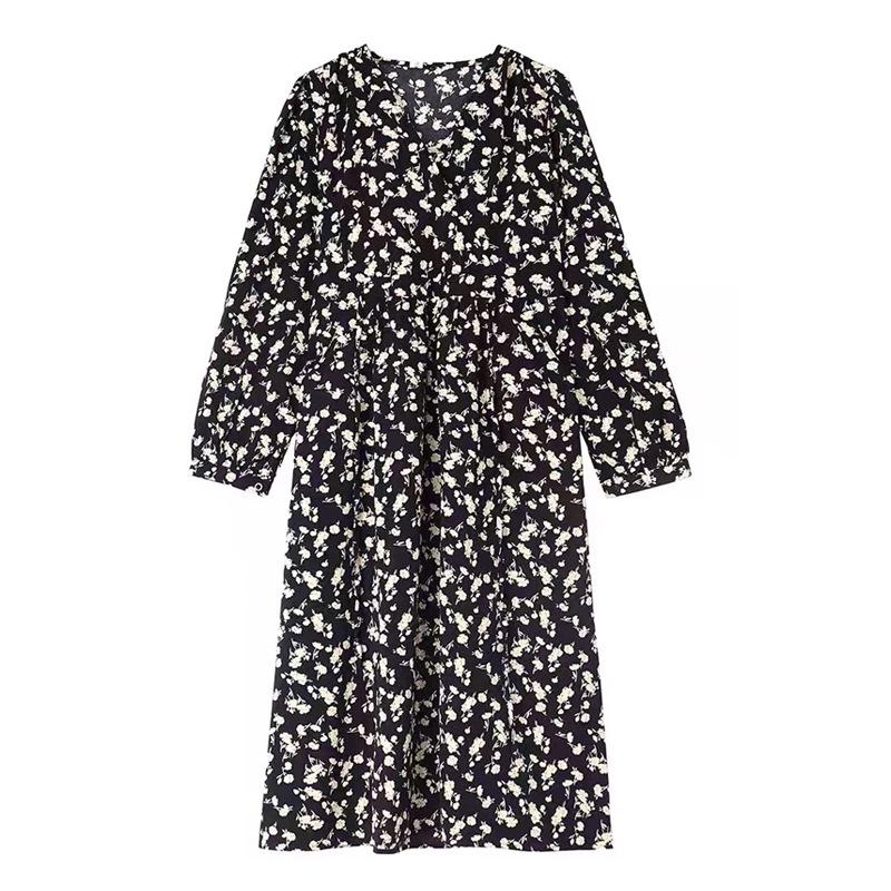 Women's 2024 V-Neck Floral Retro French Tea Break Dress - Autumn/Winter Collection