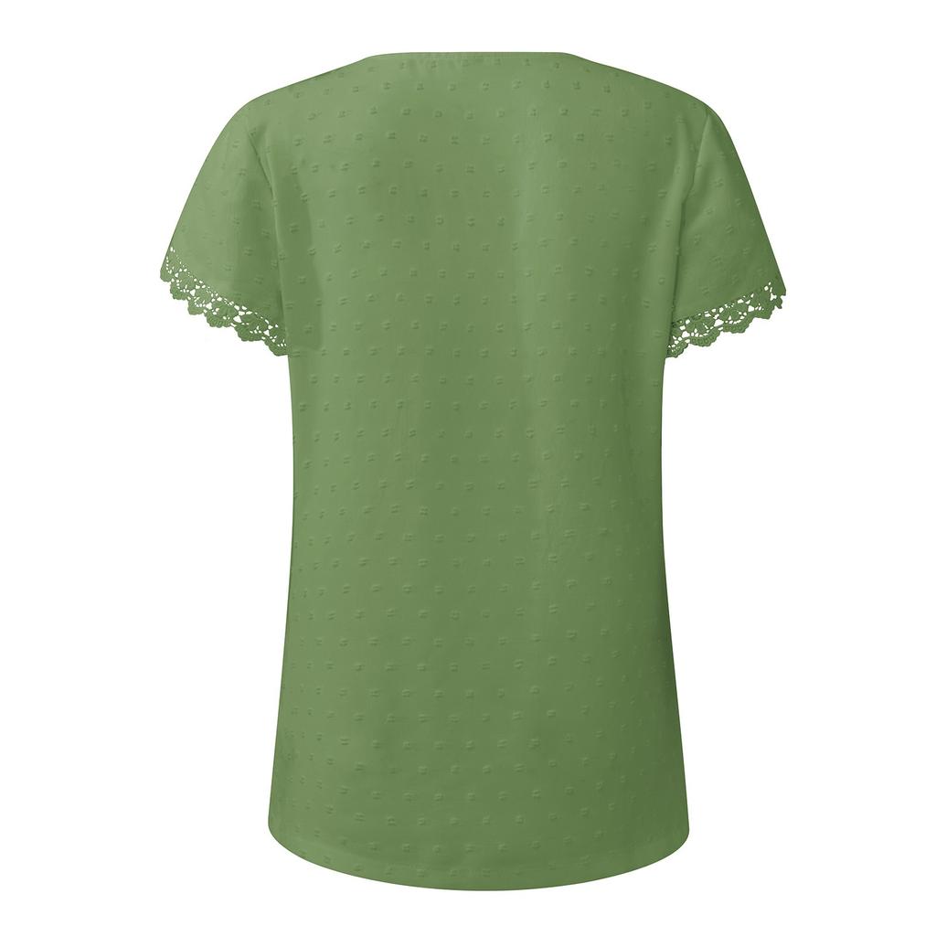 Ladies Casual Fashion Sexy Solid Color V-neck Pullover Comfortable Loose Short Sleeve Lace Sleeve Top