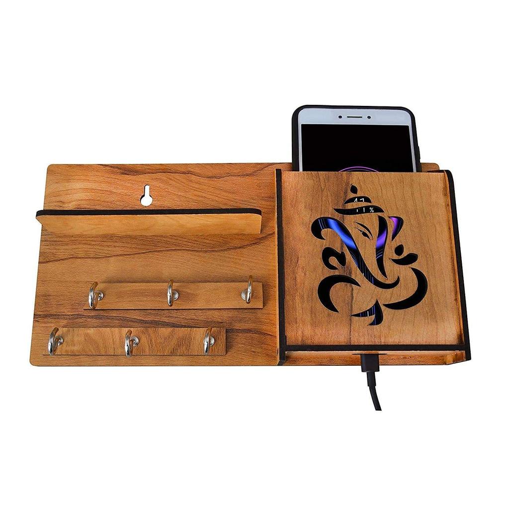 Mehrzweck-Schlüsselhalter aus Holz mit Ganesha-Motiv, mit mobilem Ständer und Wandregal, 6 Schlüsselhaken, 1 Stück, Holz