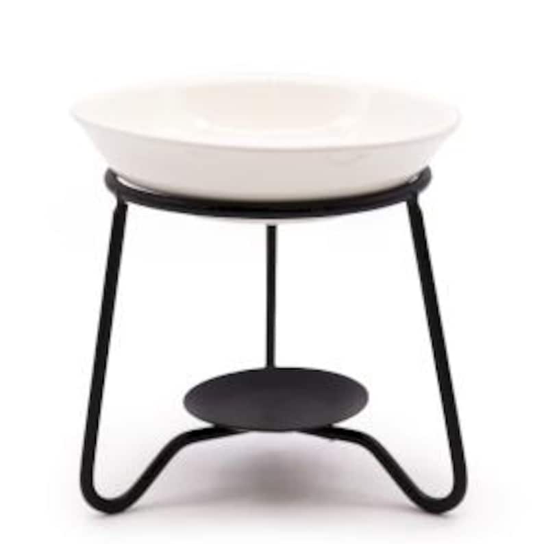 

Round Ceramic Oil Burner White Bowl on Black Metal Stand Wax Melt & Aroma Warmer