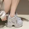 Fashion 12CM New 2025 Autumn Breathable Women Chunky Sneakers Lace-up Wedges Mesh Shoes Thick Soles Trainers High Platform Casual Shoes