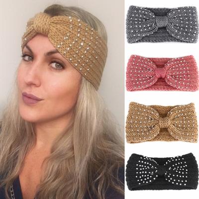 Neuer Winterwärmer Ohr Gestricktes Stirnband Schleife Strass Kopfschmuck Für Frauen Mädchen Europäisch Einfarbig Turban Haarband Kopfwickel