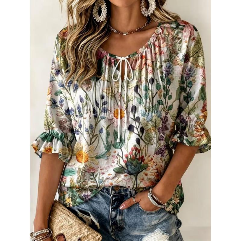 Women's elegant printed lace-up flared top, stylish and versatile, comfortable and skin-friendly