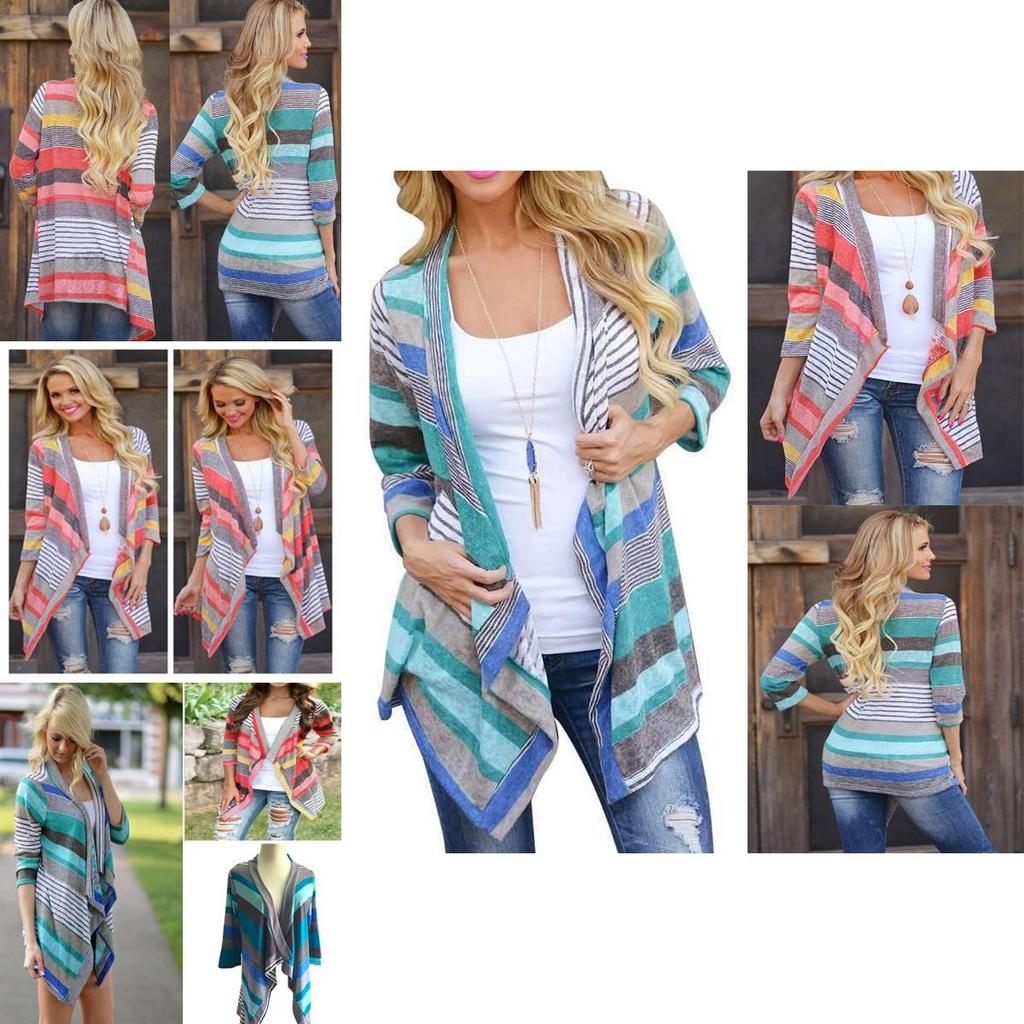 Elegante Cardigan Asimmetrico a Righe con Maniche a Tre Quarti per la Moda Autunnale