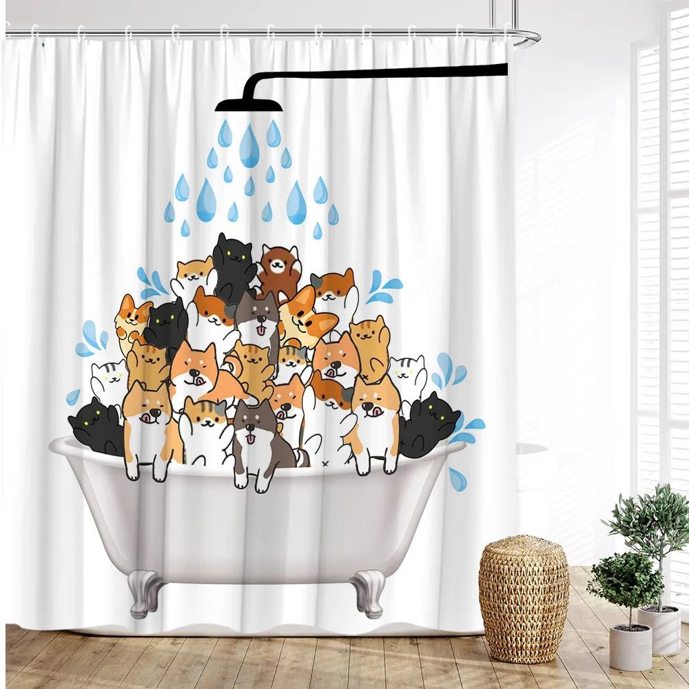 Cartoon Animal Shower Curtain with Funny Cat and Dog Paws Cute Kids Shower Print Family Bathroom Decoration with Hooks