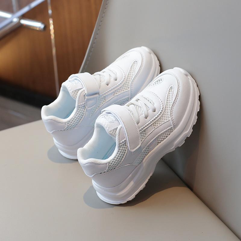 Genuine Leather Girls' Spring and Summer New Style Boys' Single Mesh Breathable Sports White Shoes for Older Boys with Soft Soles