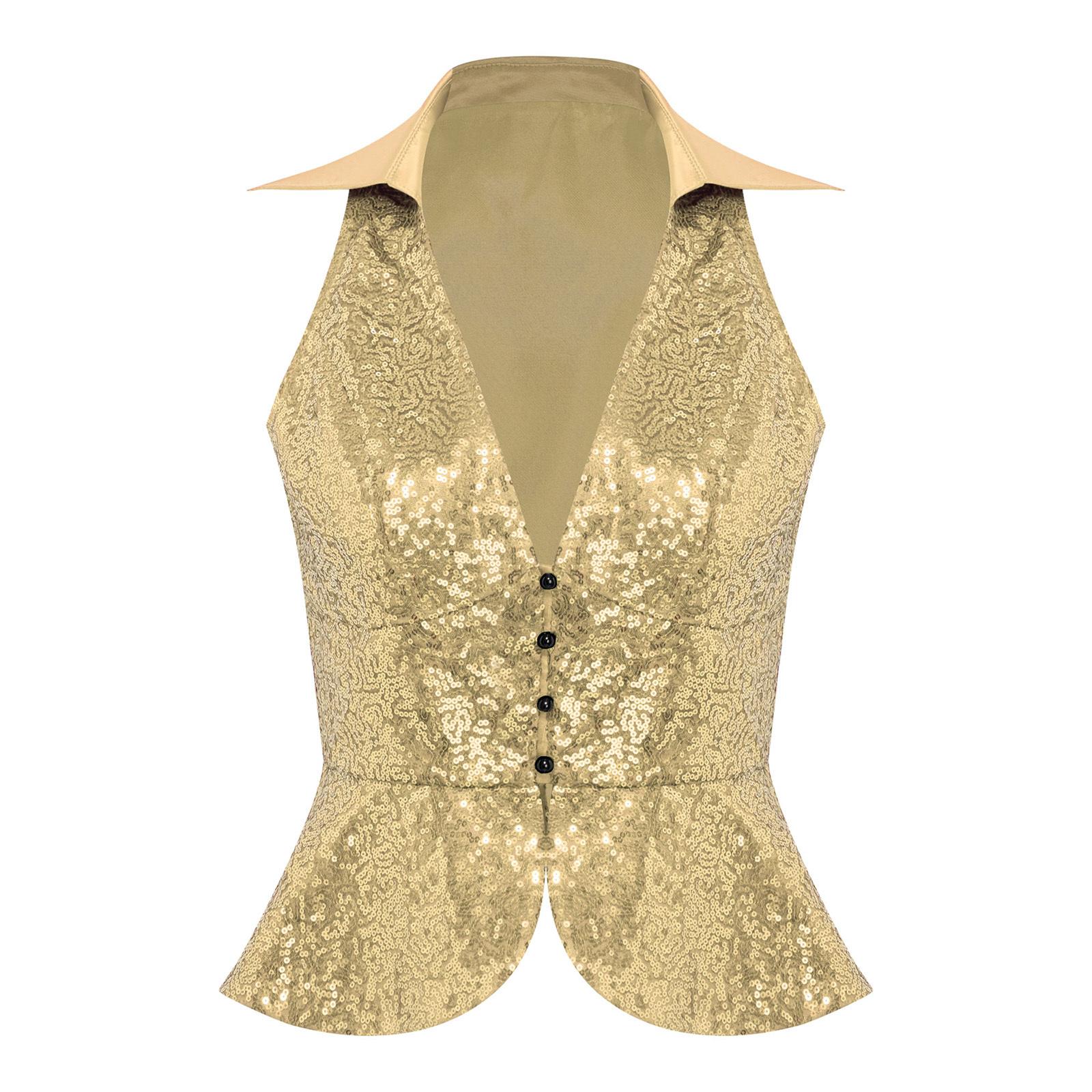 

Жіночий стильний однотонний жилет з лацканами, без рукавів, з блискучими паєтками, вечірній топ, клубне вбрання 3XL золотий