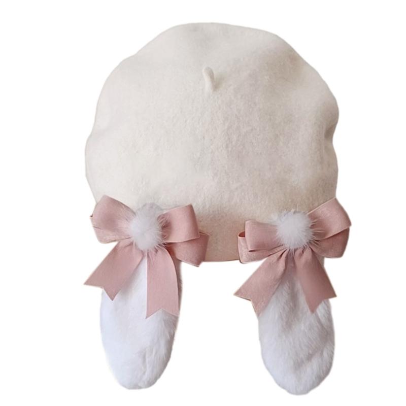 Girls Woman Rabbit Ear Berets Artist Painter Hat Casual Adult Adjustable French Hat for Camping Shopping Traveling белый