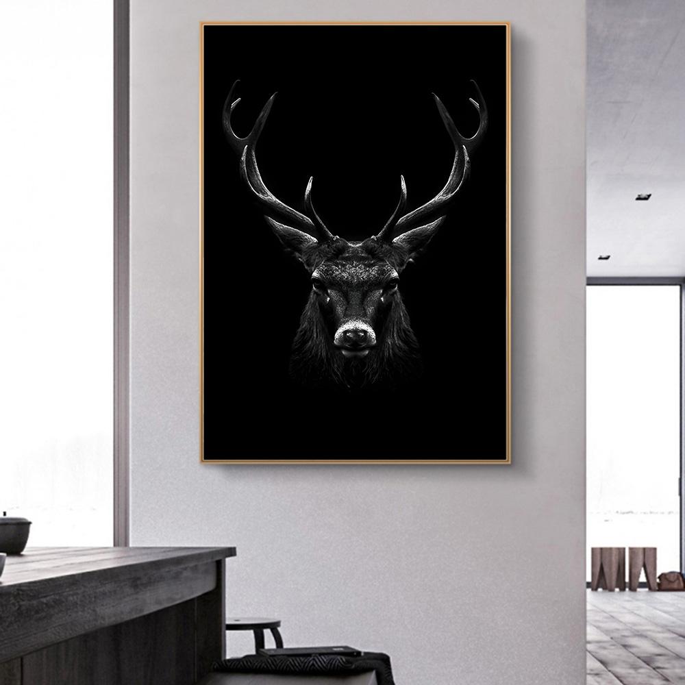 Schwarzes Hirsch Gemälde Druck Leinwand Poster Modern Minimalistisch Wandkunst Tierporträt Dunkle Bilder für Wohnzimmer Heim Wanddeko