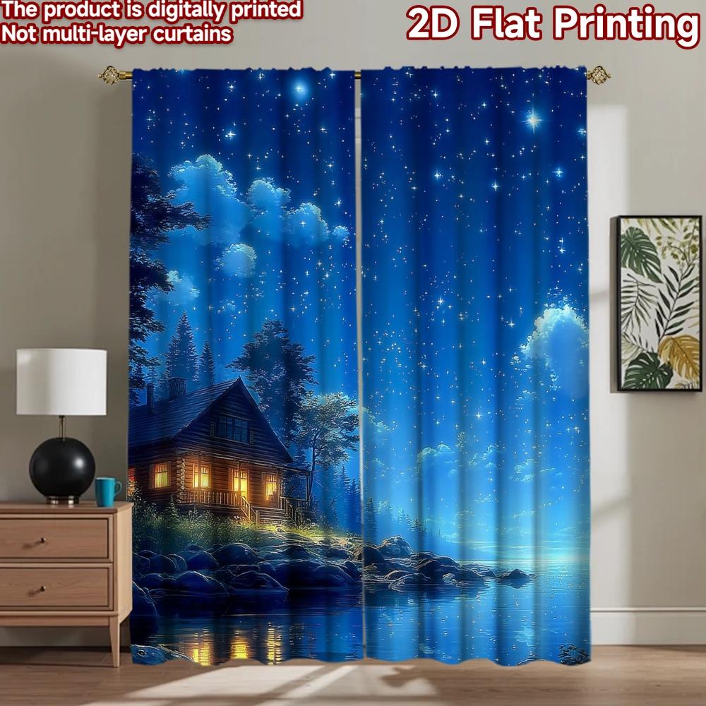 2D flat printing 2pcs Party Curtains Cabin Lake Night Stars Digital Printed Polyester Drapes Seasonal Party & Holiday Decor Use